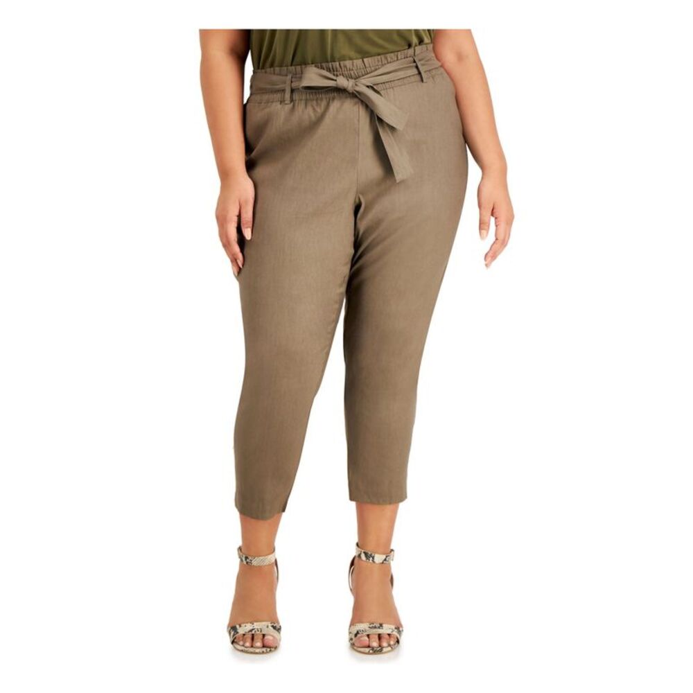 CALVIN KLEIN Womens Green Stretch Smocked Pocketed Belted Cropped Pants Plus 1X